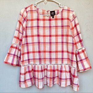 Bobeau Pink  Orange Plaid Flared Sleeve Peplum Top